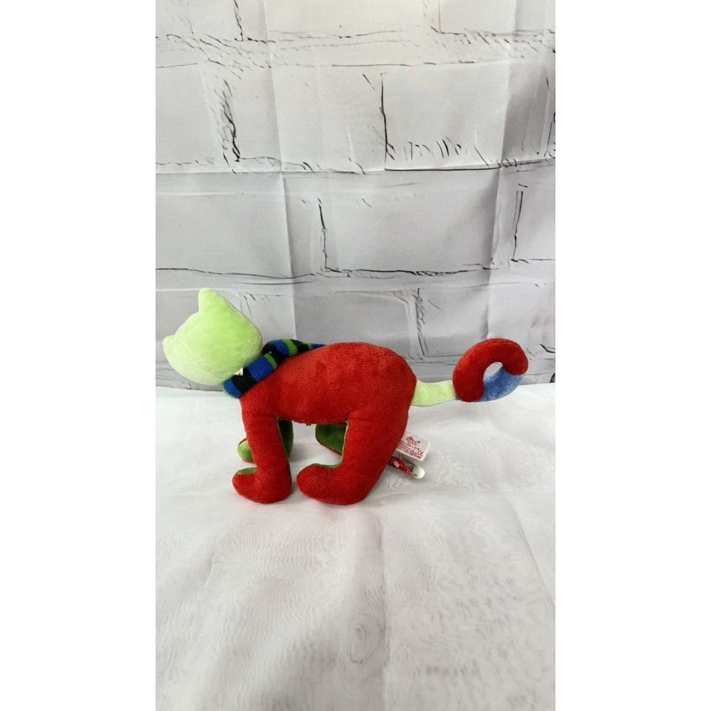 Russ Berrie Stuffed Toy Plush Cat Red Green Blue Yellow Kitty Scarf Curly Tail